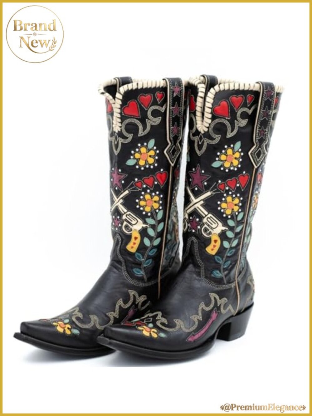 Women's Faux Leather Floral Embroidered Cowgirl Knee-High Boots Chunky Low Heel